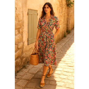 Sezane Vintage Floral Midi Dress 100% Linen